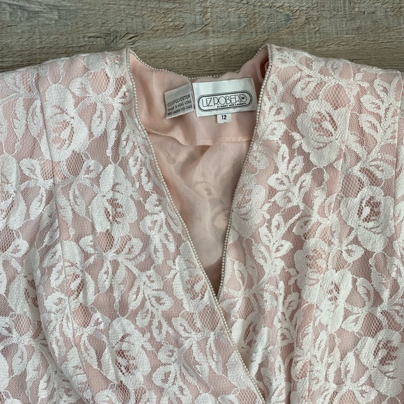 Vintage Pink Lace Overlay Drop Waist Button Down Vneck Dress Shoulder Pads - Picture 3 of 10